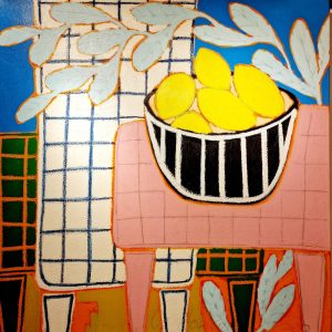 GORDON HOPKINS – Lemons and black bowl on pink table still life